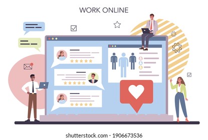 Public relations online service or platform. Idea of brand advertising, building relationships with customer. Online work. Flat vector illustration