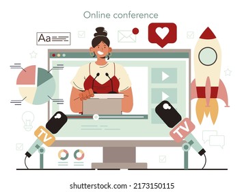 Public relations online service or platform. Commercial brand advertising. Mass media support of the business. Online conference. Flat vector illustration