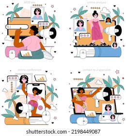 Servicio en línea de relaciones públicas o conjunto de plataformas. Especialista en desarrollo de estrategia publicitaria de marca comercial. Conferencia en línea, análisis, contactos, sitio web. Ilustración vectorial plana