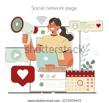 Public relations online service or platform. Commercial brand advertising. Mass media support of the business. Social network page. Flat vector illustration