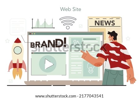 Public relations online service or platform. Commercial brand advertising. Mass media support of the business. Website. Flat vector illustration