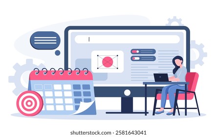 Public relations online. Woman with laptop near calendar and monitor. Press conference and press release on Internet. Promoting company on social networks. Flat vector illustration