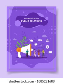 public relations people around megaphone speaker for template of banners, flyer, books cover, magazines with liquid shape style