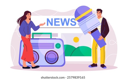 Public relations people. Woman and man with microphone near newspaper with news. Promoting company or organization on Internet. PR managers work together. Flat vector illustration