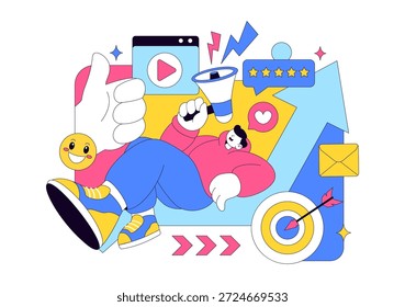 Ilustração Vetorial Positiva Para Relações Públicas Com Publicidade De Marca Bem-Sucedida, Gerenciamento De Reputação E Informações De Marketing Digital