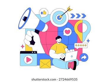 Public Relations positive Vektorgrafik mit erfolgreicher Markenwerbung, Reputationsmanagement und Feedback zum digitalen Marketing - Hintergrund