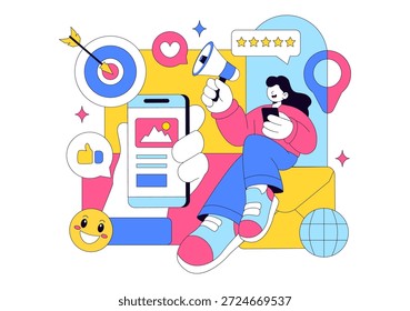 Ilustração Vetorial Positiva Para Relações Públicas Com Publicidade De Marca Bem-Sucedida, Gerenciamento De Reputação E Informações De Marketing Digital