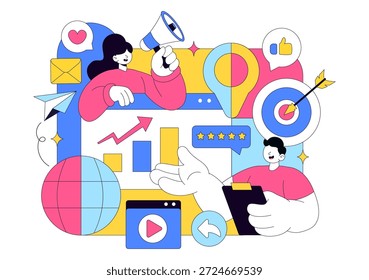 Ilustração Vetorial Positiva Para Relações Públicas Com Publicidade De Marca Bem-Sucedida, Gerenciamento De Reputação E Informações De Marketing Digital
