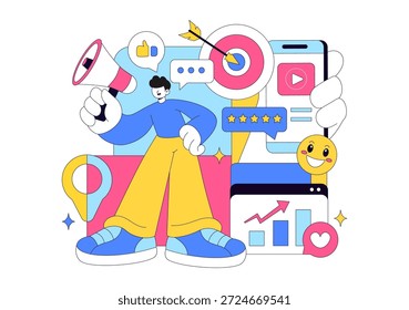 Ilustração Vetorial Positiva Para Relações Públicas Com Publicidade De Marca Bem-Sucedida, Gerenciamento De Reputação E Informações De Marketing Digital