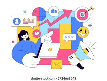 Ilustração Vetorial Positiva Para Relações Públicas Com Publicidade De Marca Bem-Sucedida, Gerenciamento De Reputação E Informações De Marketing Digital