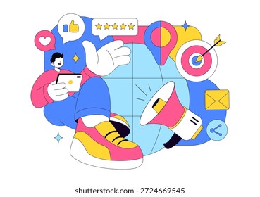 Ilustração Vetorial Positiva Para Relações Públicas Com Publicidade De Marca Bem-Sucedida, Gerenciamento De Reputação E Informações De Marketing Digital