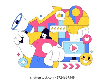 Ilustração Vetorial Positiva Para Relações Públicas Com Publicidade De Marca Bem-Sucedida, Gerenciamento De Reputação E Informações De Marketing Digital