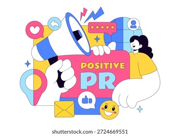 Public Relations positive Vektorgrafik mit erfolgreicher Markenwerbung, Reputationsmanagement und Feedback zum digitalen Marketing - Hintergrund