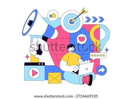 Public Relations Positive Vector Illustration Featuring Successful Brand Advertising, Reputation Management, And Digital Marketing Feedback Background