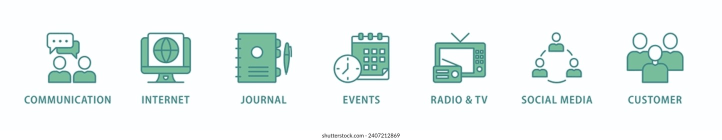 Public relations - pr banner web icon vector illustration concept with icon of communication, internet, journal, events, radio, tv, social media, and customer
