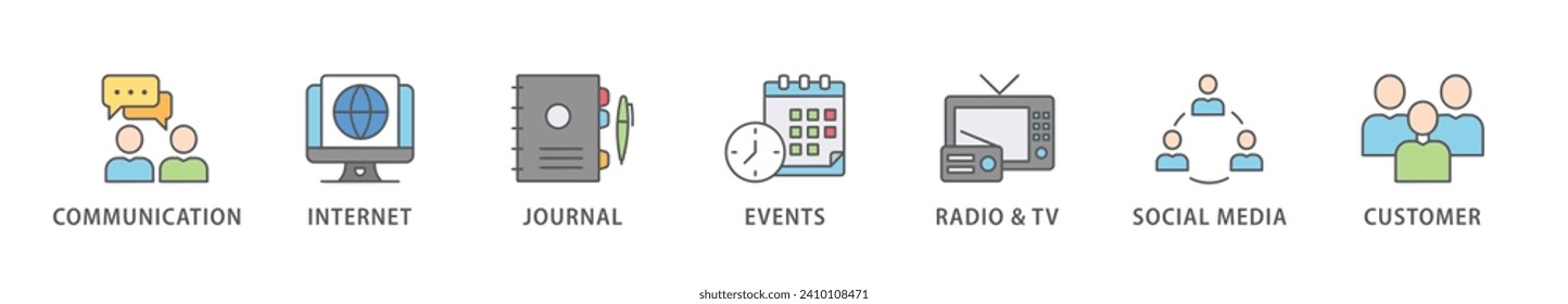 Public relations - pr banner web icon vector illustration concept with icon of communication, internet, journal, events, radio, tv, social media, and customer