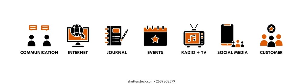 Public relations - pr banner web icon vector illustration concept with icon of communication, internet, journal, events, radio, tv, social media, and customer