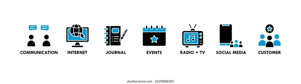 Public relations - pr banner web icon vector illustration concept with icon of communication, internet, journal, events, radio, tv, social media, and customer