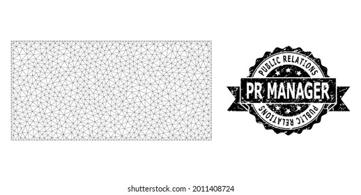 Public Relations Pr Manager corroded seal print and vector filled rectangle mesh structure. Black seal has Public Relations Pr Manager title inside ribbon and rosette.