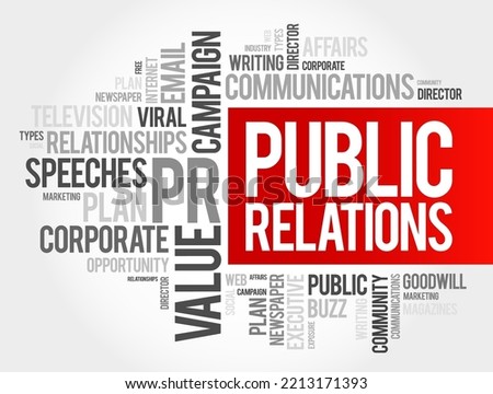 Public Relations - practice of managing and disseminating information from an individual or an organization to the public in order to influence their perception, word cloud background