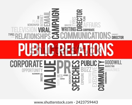 Public Relations - practice of managing and disseminating information from an individual or an organization to the public in order to influence their perception, word cloud background