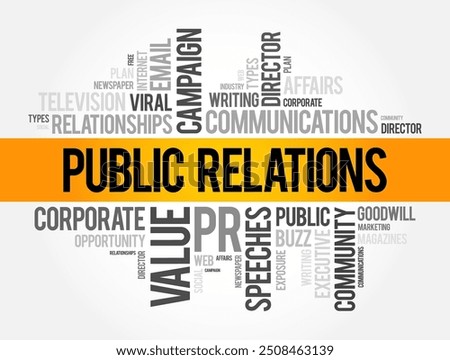 Public Relations - practice of managing and disseminating information from an individual or an organization to the public in order to influence their perception, word cloud background