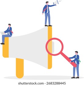 Public relations professional amplify message on megaphone in flat design
