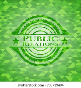 Public Relations realistic green emblem. Mosaic background