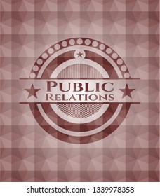 Public Relations red emblem or badge with abstract geometric polygonal pattern background. Seamless.