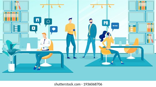 Public Relations and Seo Promotion and Advertising Department at Work. Business People Cartoon Characters Promote Company in Social Media Using Communication Technology. Flat Vector Illustration.