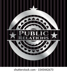 Public Relations silver emblem or badge. Vector Illustration. Mosaic.