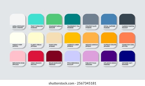 Public Relations Specialist Color Guide Palette with Color Names. Catalog Sample Public Relations Specialist with RGB HEX codes and Names. Public Specialists Color Palette, Fashion Trend Color Palette