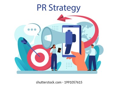 Public relations strategy. Commercial brand advertising, building relationships with customer. Maintenance of the brand reputation. Flat vector illustration