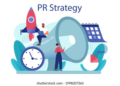 Public relations strategy. Commercial brand advertising, building relationships with customer. Maintenance of the brand reputation. Flat vector illustration