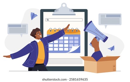 Public relations strategy. Man near calendar on clipboard. Media campaign in social networks. Promoting company on Internet. PR manager at workplace. Flat vector illustration