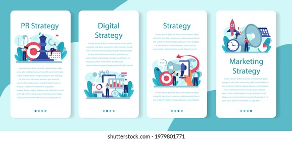 Public relations strategy mobile application banner set. Commercial brand advertising, building relationships with customer. Maintenance of the brand reputation. Flat vector illustration