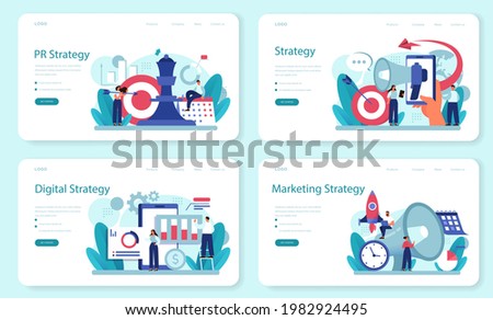 Public relations strategy web banner or landing page set. Commercial brand advertising, building relationships with customer. Maintenance of the brand reputation. Flat vector illustration