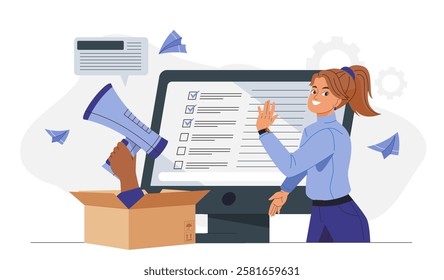 Public relations strategy. Woman near computer and loudspeaker. Media campaign in social networks. Promoting organization on Internet. Business boost. Flat vector illustration