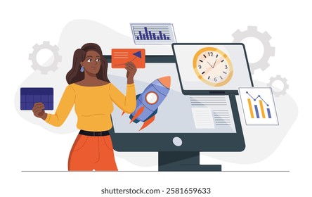 Public relations strategy. Woman near computer with rocket. Media campaign in social networks. Promoting company on Internet. Business development. Flat vector illustration