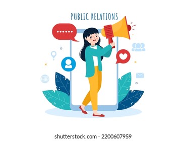 Plantilla de relaciones públicas mano Dibujo de caricatura Ilustración plana con equipo para la idea de campaña de marketing a través de medios masivos para anunciar su negocio