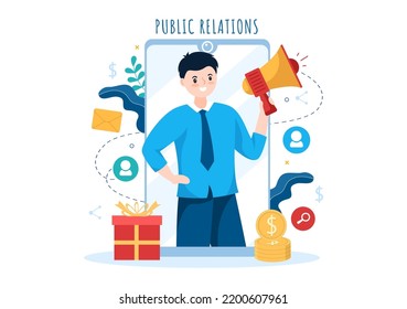 Public Relations Template Hand Drawn Cartoon Flat Illustration with Team for Idea of Marketing Campaign Through Mass Media to Advertise your Business