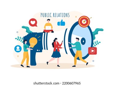 Plantilla de relaciones públicas mano Dibujo de caricatura Ilustración plana con equipo para la idea de campaña de marketing a través de medios masivos para anunciar su negocio