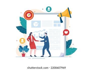 Public Relations Template Hand Drawn Cartoon Flat Illustration with Team for Idea of Marketing Campaign Through Mass Media to Advertise your Business