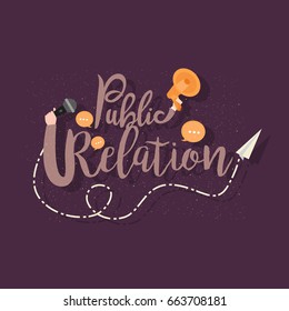Public relations. text lettering concept of publicity in business and education
