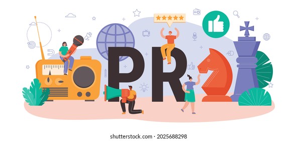 Public relations typographic header. Specialist developing commercial brand advertising and building relationships with customer. Flat vector illustration