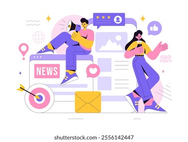 Public Relations Vector Illustration featuring a Team Developing Marketing Campaign Ideas Through Mass Media to Advertise Your Business in Background