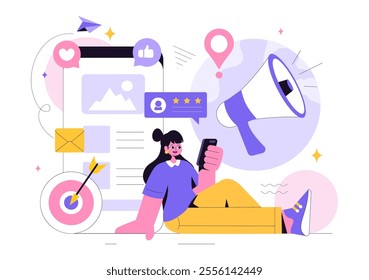 Public Relations Vector Illustration featuring a Team Developing Marketing Campaign Ideas Through Mass Media to Advertise Your Business in Background