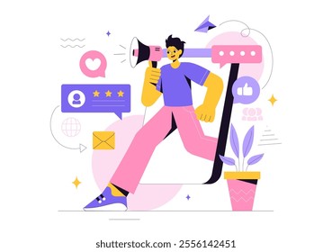 Public Relations Vector Illustration featuring a Team Developing Marketing Campaign Ideas Through Mass Media to Advertise Your Business in Background