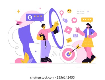 Public Relations Vector Illustration featuring a Team Developing Marketing Campaign Ideas Through Mass Media to Advertise Your Business in Background