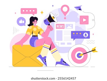 Public Relations Vector Illustration featuring a Team Developing Marketing Campaign Ideas Through Mass Media to Advertise Your Business in Background